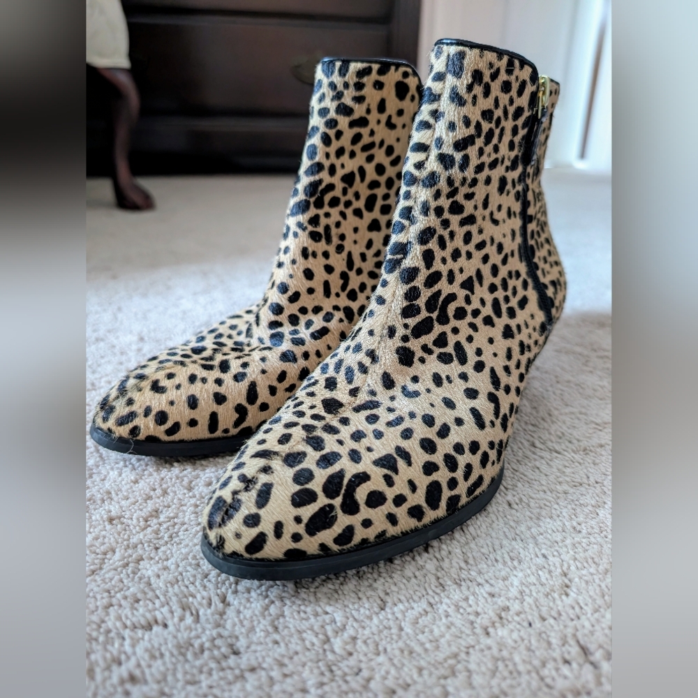 Franco Sarto Cheetah Print Textured Ankle Boots – Size 7M Block Heel Side Zip